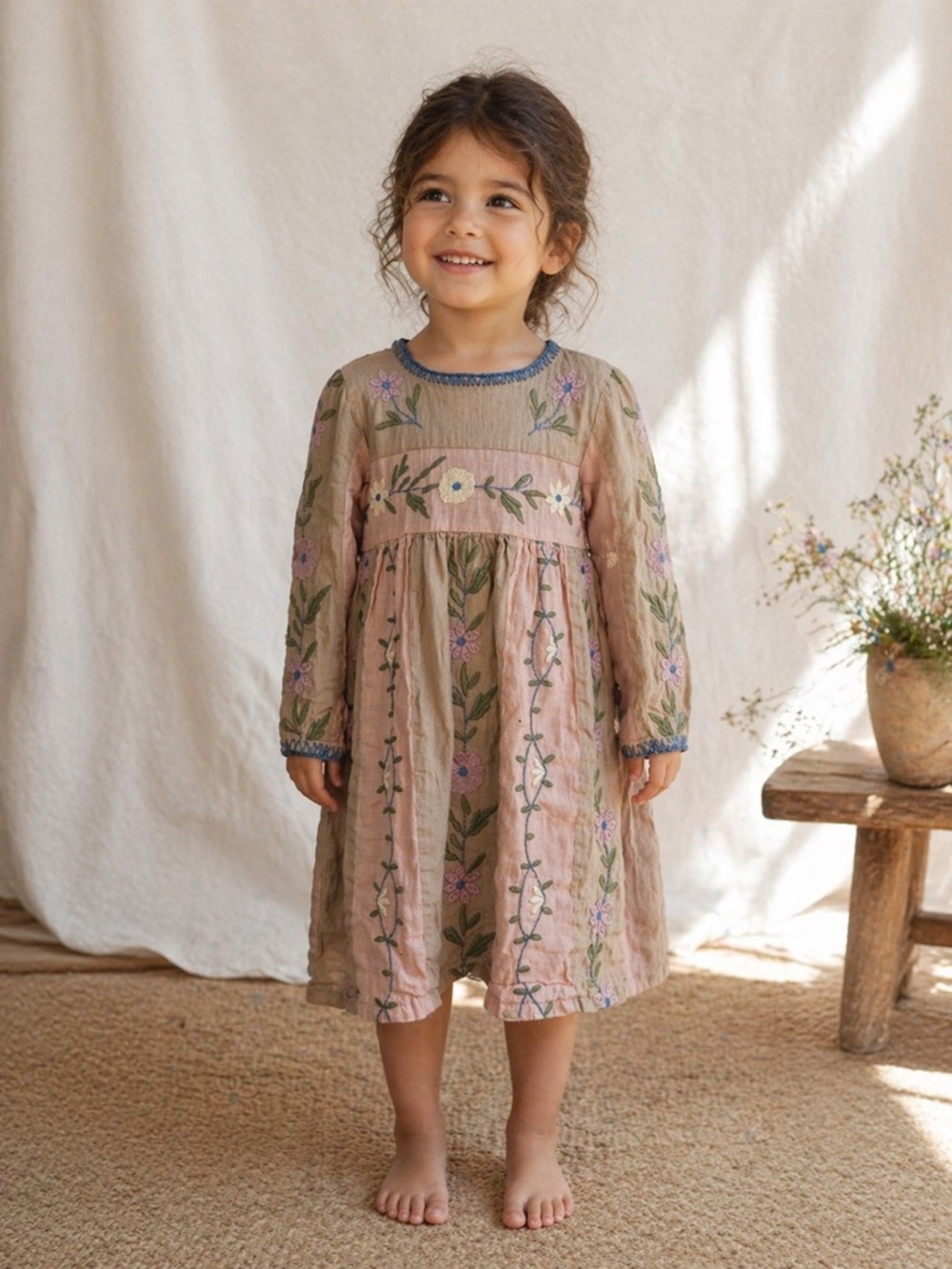 Apolina Girls Linen Embroidered Dress 3-5Y Floral Boho Heirloom Cottagecore Pink